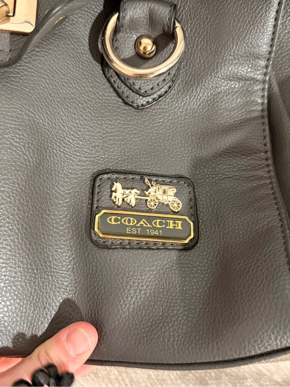 Gray Leather Shoulder Bag with Gold Hardware